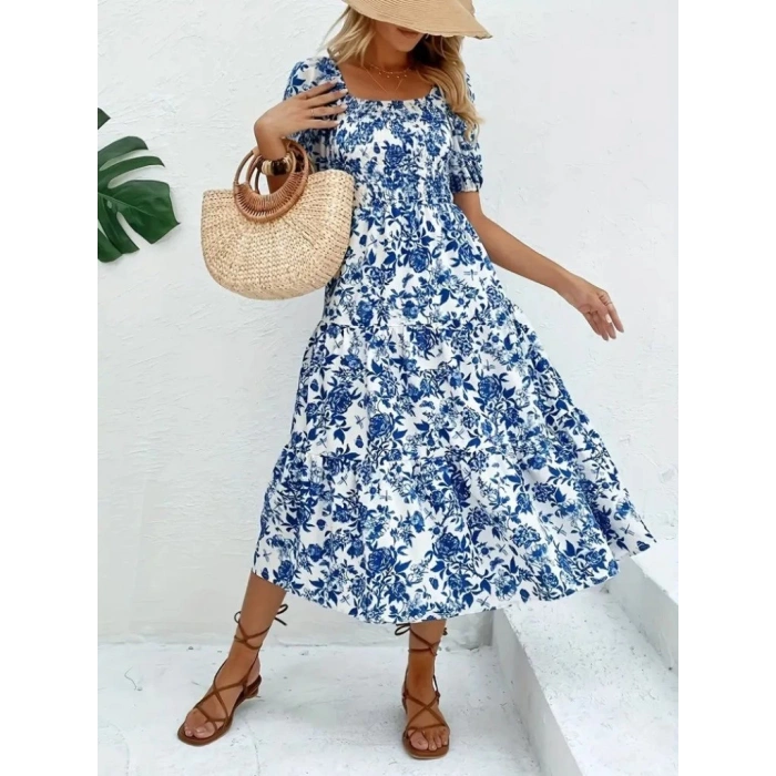 Kadın Kısa Kollu Kare Yakalı Lastikli Desenli Süprem Elbise