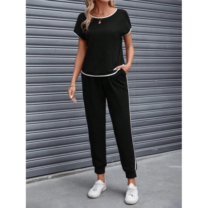 Kadın Kısa Kollu Kayık Yaka Viskon Iki Iplik Bluz Ve Bağcıklı Pantolon Ikili Takım