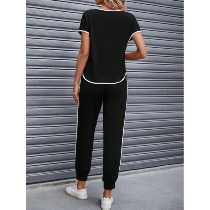 Kadın Kısa Kollu Kayık Yaka Viskon Iki Iplik Bluz Ve Bağcıklı Pantolon Ikili Takım