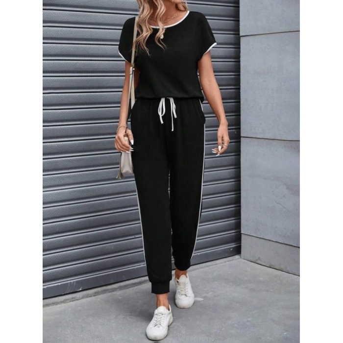 Kadın Kısa Kollu Kayık Yaka Viskon Iki Iplik Bluz Ve Bağcıklı Pantolon Ikili Takım