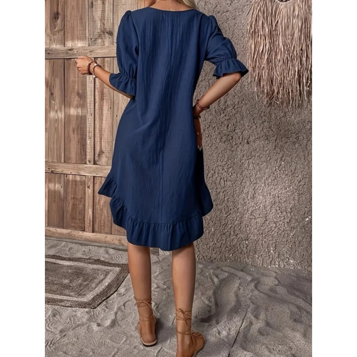 Kadın Kısa Kollu Kol Ve Eteği Volanlı Bisiklet Yaka Aerobin Elbise