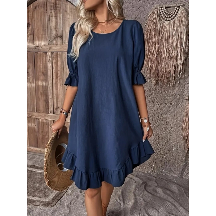 Kadın Kısa Kollu Kol Ve Eteği Volanlı Bisiklet Yaka Aerobin Elbise