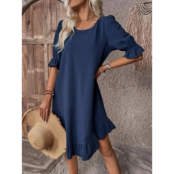 Kadın Kısa Kollu Kol Ve Eteği Volanlı Bisiklet Yaka Aerobin Elbise