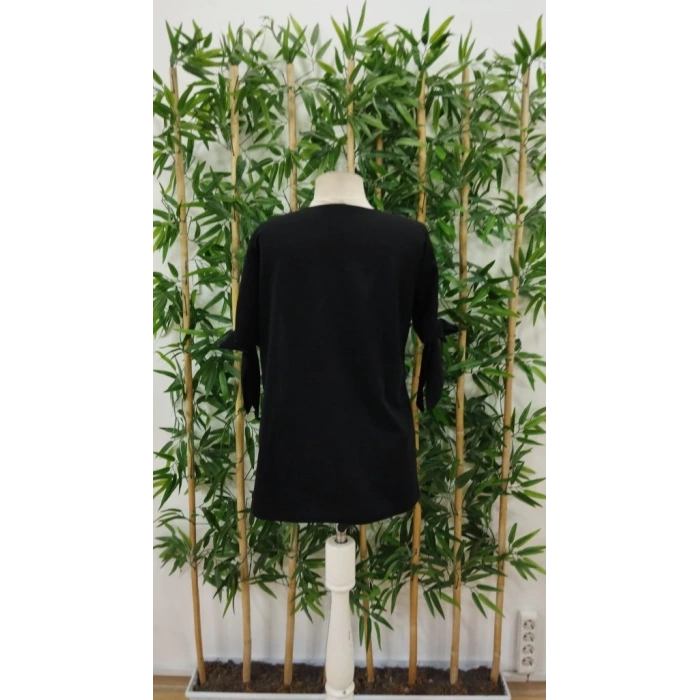 Kadın Kısa Kollu Kollardan Bağlamalı önden Asimetrik Kesim çift Renk Detaylı Düğmeli Ithal Krep Bluz