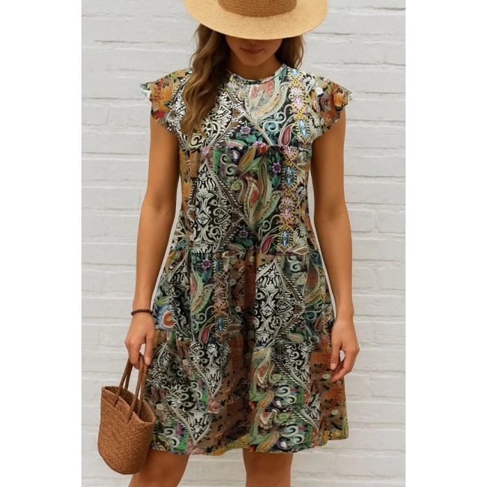 Kadın Kısa Kollu Kolları Fırfırlı Bisiklet Yakalı Kare Desenli Elbise