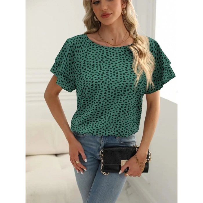 Kadın Kısa Kollu Kolları Volanlı Baskılı Süprem Bluz