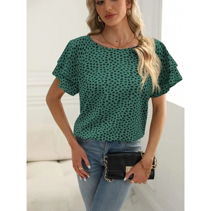Kadın Kısa Kollu Kolları Volanlı Baskılı Süprem Bluz