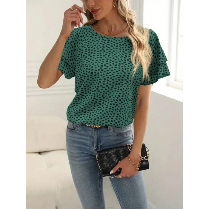 Kadın Kısa Kollu Kolları Volanlı Baskılı Süprem Bluz
