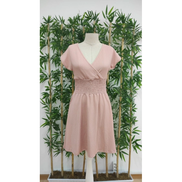 Kadın Kısa Kollu Kruvaze Yaka Beli Gipeli Bürümcük Elbise