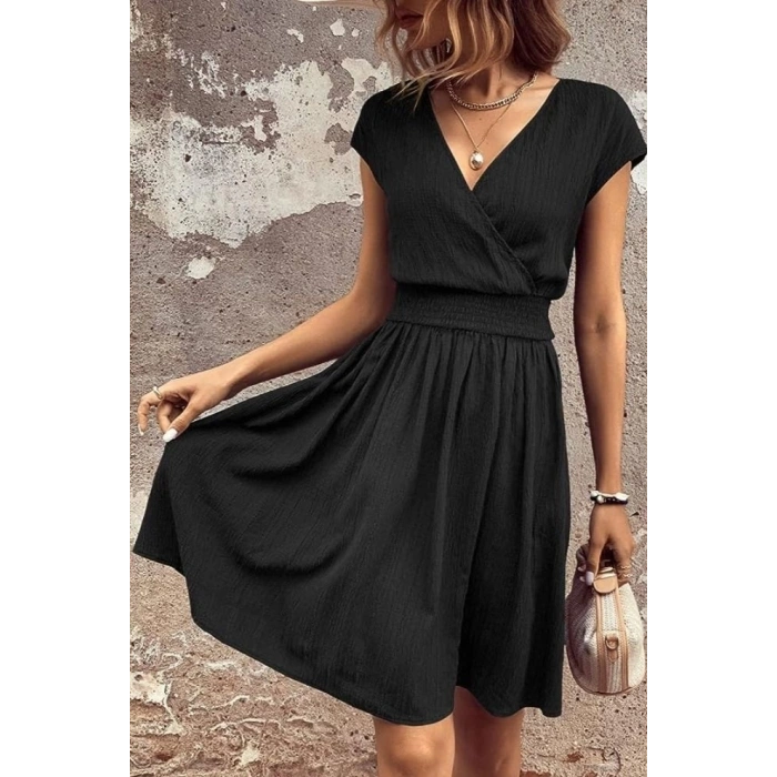 Kadın Kısa Kollu Kruvaze Yaka Beli Gipeli Bürümcük Elbise