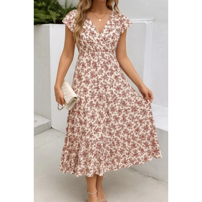 Kadın Kısa Kollu Kruvaze Yaka Beli Lastikli çiçek Desenli Elbise