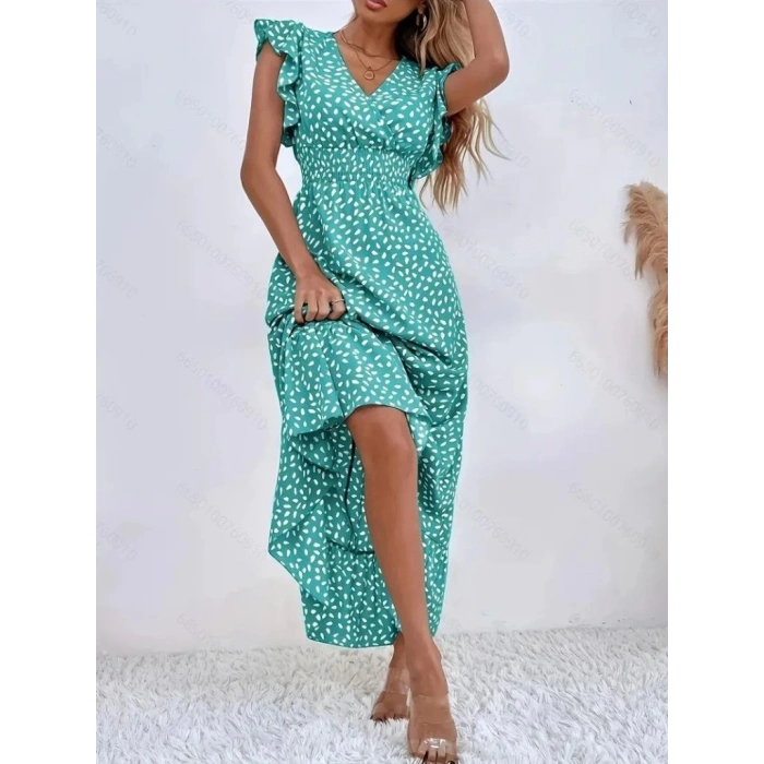 Kadın Kısa Kollu Kruvaze Yaka Beli Lastikli çiçek Desenli Elbise