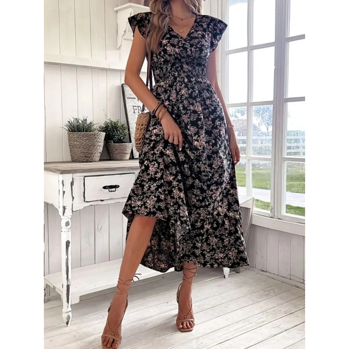 Kadın Kısa Kollu Kruvaze Yaka Beli Lastikli çiçek Desenli Elbise