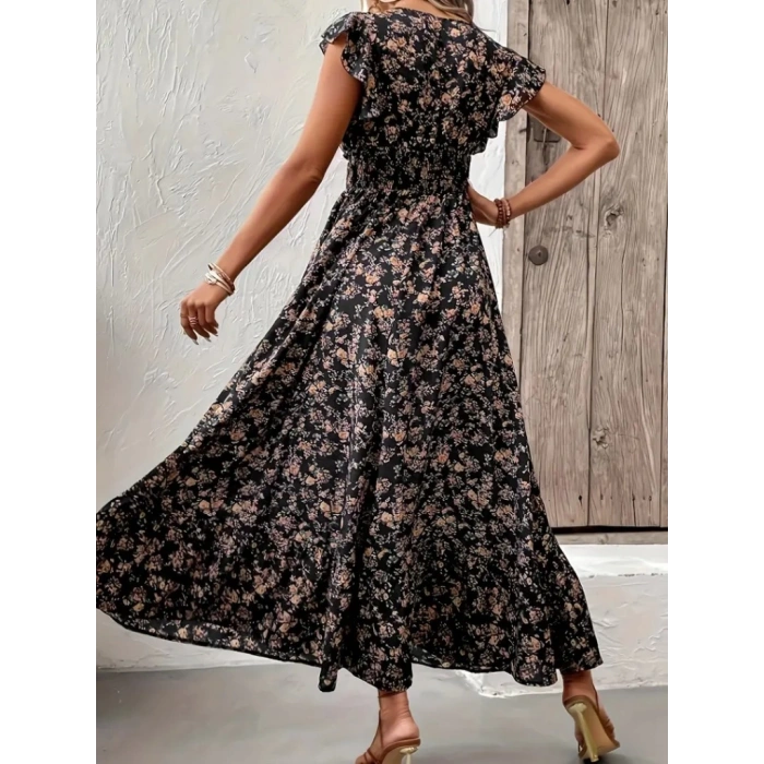 Kadın Kısa Kollu Kruvaze Yaka Beli Lastikli çiçek Desenli Elbise