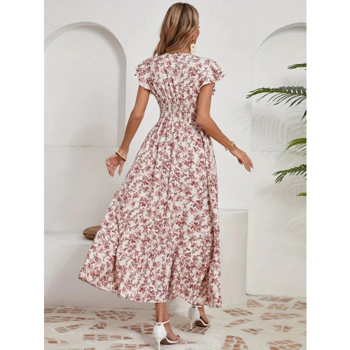 Kadın Kısa Kollu Kruvaze Yaka Beli Lastikli çiçek Desenli Elbise