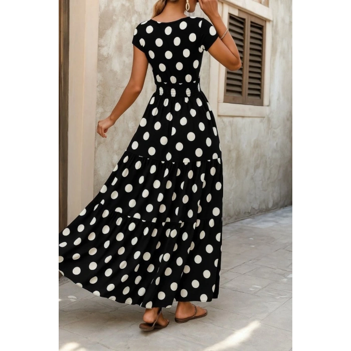 Kadın Kısa Kollu Kruvaze Yaka Beli Lastikli Süprem Maksi Boy Elbise