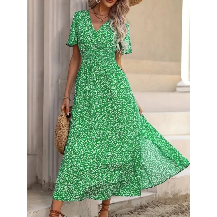 Kadın Kısa Kollu Kruvaze Yaka Beli Lastikli Yanlardan Yırtmaçlı Uzun çiçekli Elbise