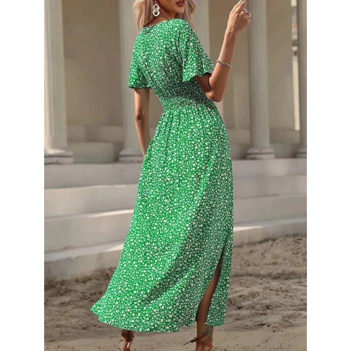 Kadın Kısa Kollu Kruvaze Yaka Beli Lastikli Yanlardan Yırtmaçlı Uzun çiçekli Elbise