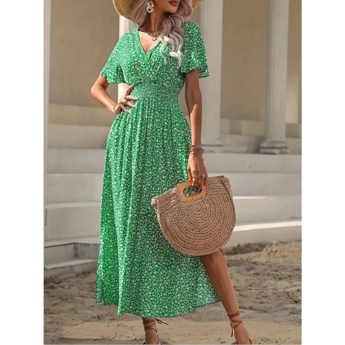 Kadın Kısa Kollu Kruvaze Yaka Beli Lastikli Yanlardan Yırtmaçlı Uzun çiçekli Elbise