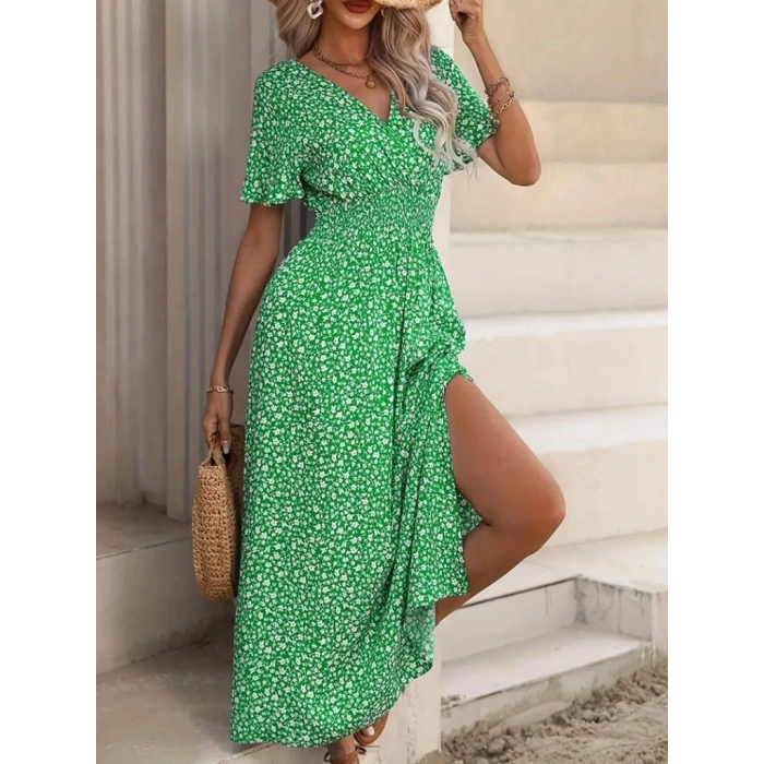 Kadın Kısa Kollu Kruvaze Yaka Beli Lastikli Yanlardan Yırtmaçlı Uzun çiçekli Elbise