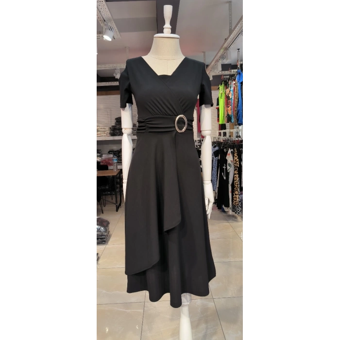 Kadın Kısa Kollu Kruvaze Yaka Kuşak Ve Toka Detay Krep Elbise