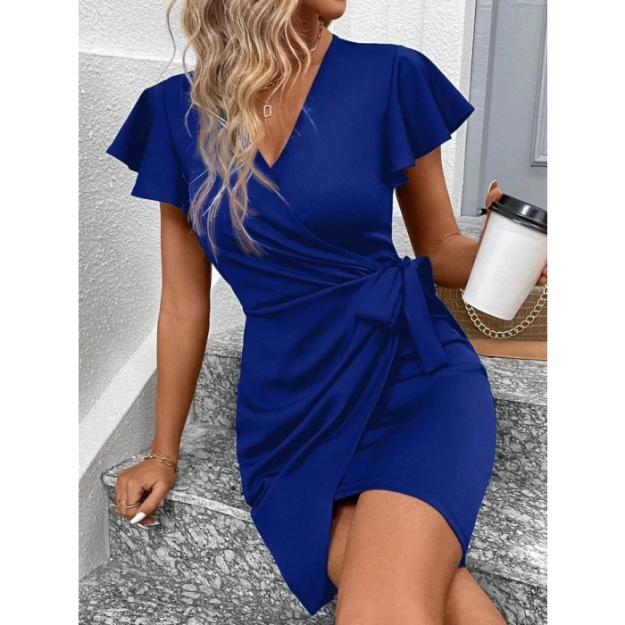 Kadın Kısa Kollu Kruvaze Yakalı Belden Bağlamalı Ithal Krep Elbise