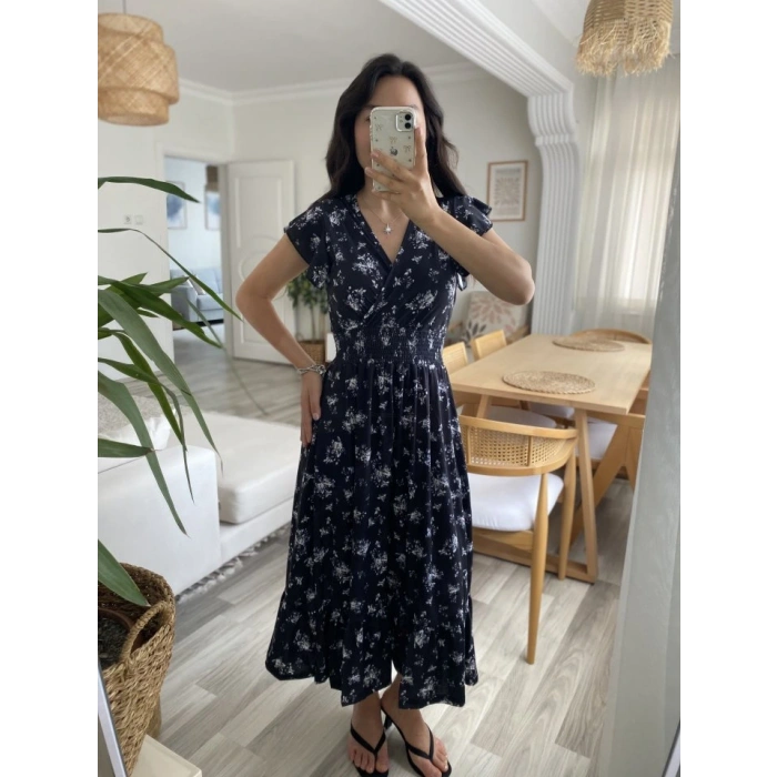 Kadın Kısa Kollu Kruvaze Yakalı Beli Lastikli çiçek Desenli Elbise