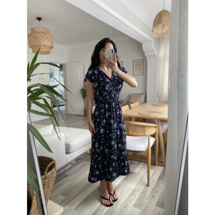 Kadın Kısa Kollu Kruvaze Yakalı Beli Lastikli çiçek Desenli Elbise