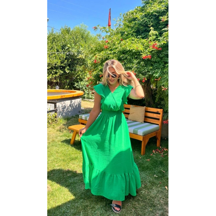 Kadın Kısa Kollu Kruvaze Yakalı Beli Lastikli Müslim Elbise