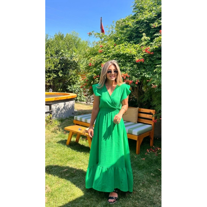 Kadın Kısa Kollu Kruvaze Yakalı Beli Lastikli Müslim Elbise