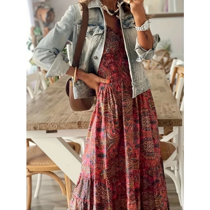 Kadın Kısa Kollu Kruvaze Yakalı Desenli Maksi Boy Süprem Elbise