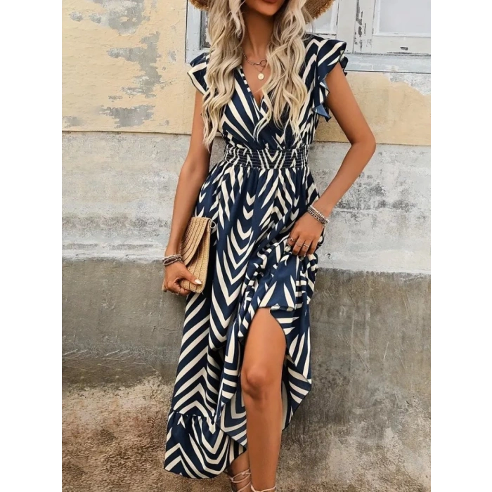 Kadın Kısa Kollu Kruvaze Yakalı Fırfırlı Süprem Elbise