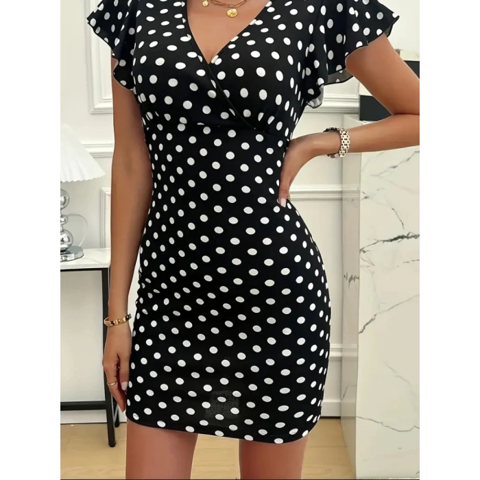 Kadın Kısa Kollu Kruvaze Yakalı örme Puantiyeli Krep Elbise