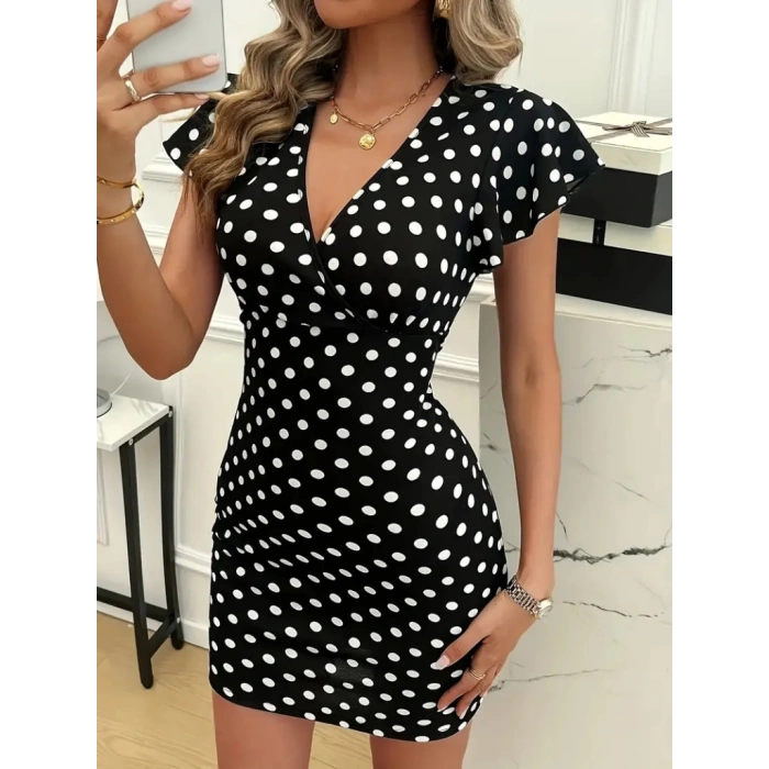 Kadın Kısa Kollu Kruvaze Yakalı örme Puantiyeli Krep Elbise