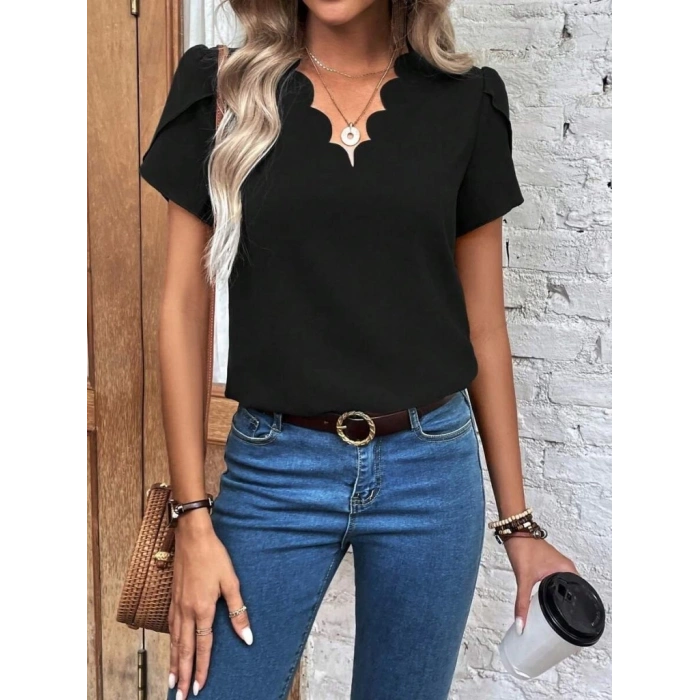 Kadın Kısa Kollu Lazer V Yakalı Ithal Krep Bluz