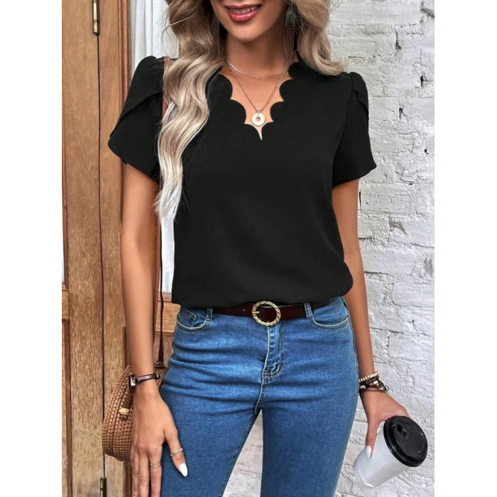 Kadın Kısa Kollu Lazer V Yakalı Ithal Krep Bluz