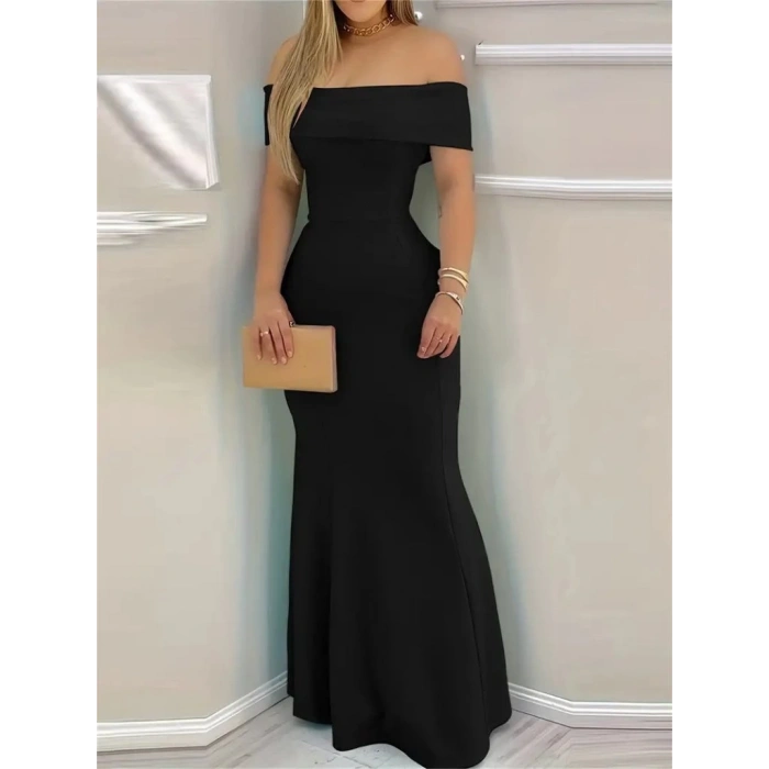 Kadın Kısa Kollu Madonna Yaka Belden Oturtmalı Uzun Ithal Krep Elbise