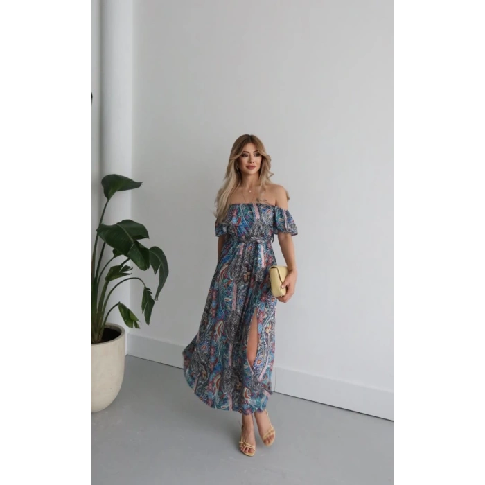 Kadın Kısa Kollu Madonna Yaka Fırfırlı Belden Yırtmaçlı Maksi Süprem Elbise