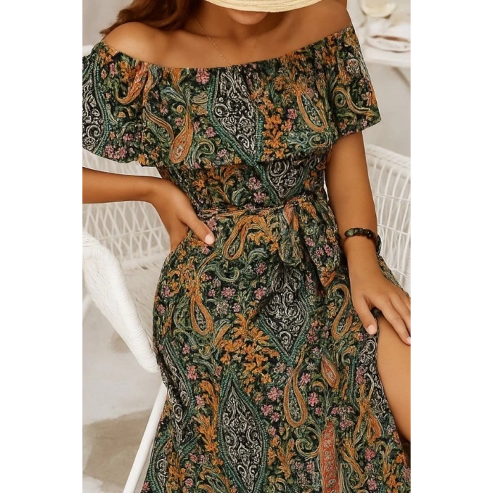 Kadın Kısa Kollu Madonna Yaka Fırfırlı Belden Yırtmaçlı Maksi Süprem Elbise