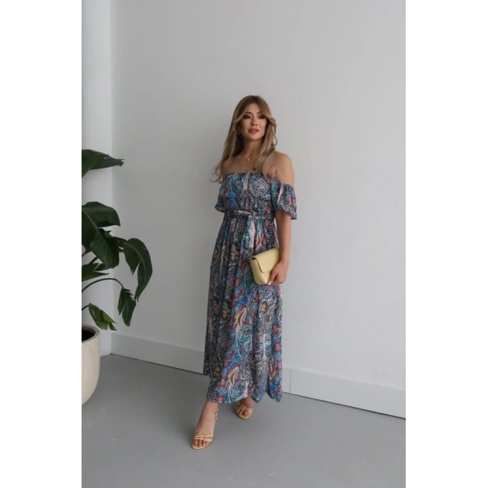 Kadın Kısa Kollu Madonna Yaka Fırfırlı Belden Yırtmaçlı Maksi Süprem Elbise