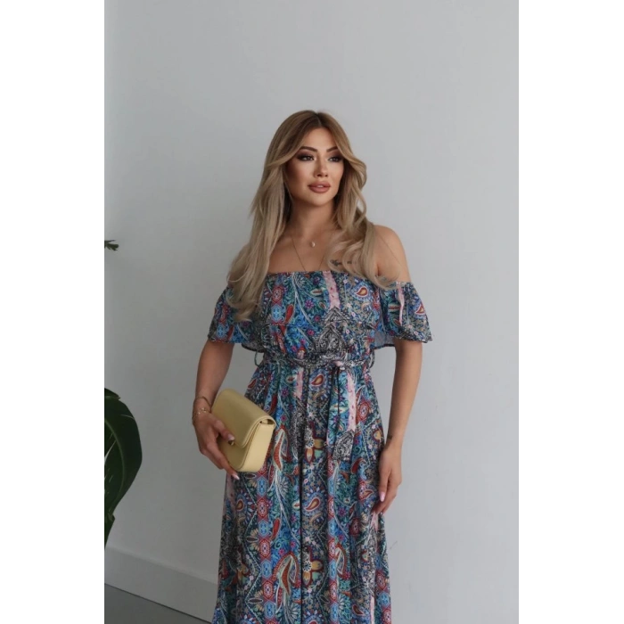 Kadın Kısa Kollu Madonna Yaka Fırfırlı Belden Yırtmaçlı Maksi Süprem Elbise