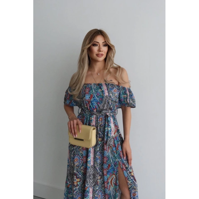 Kadın Kısa Kollu Madonna Yaka Fırfırlı Belden Yırtmaçlı Maksi Süprem Elbise