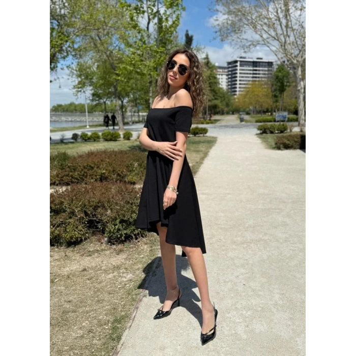 Kadın Kısa Kollu Madonna Yaka önü Kısa Arkası Uzun Ithal Krep Elbise