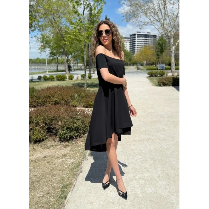 Kadın Kısa Kollu Madonna Yaka önü Kısa Arkası Uzun Ithal Krep Elbise