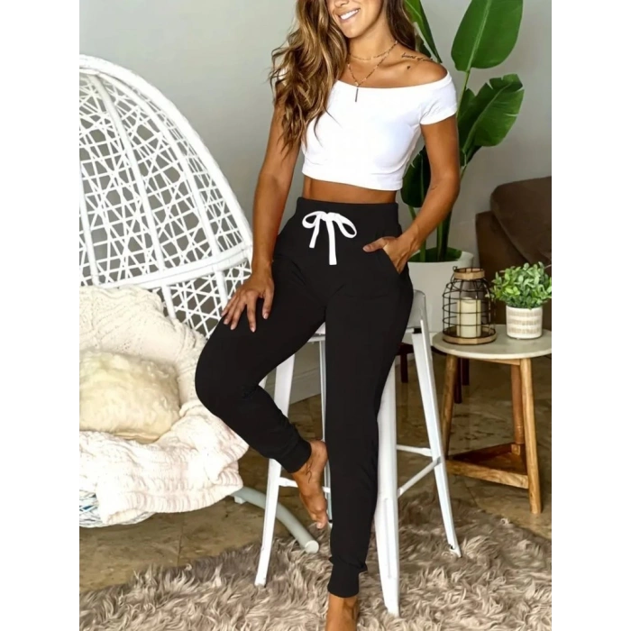 Kadın Kısa Kollu Madonna Yaka Viskon Crop Bluz Cepli Iki Iplik Eşofman Takım