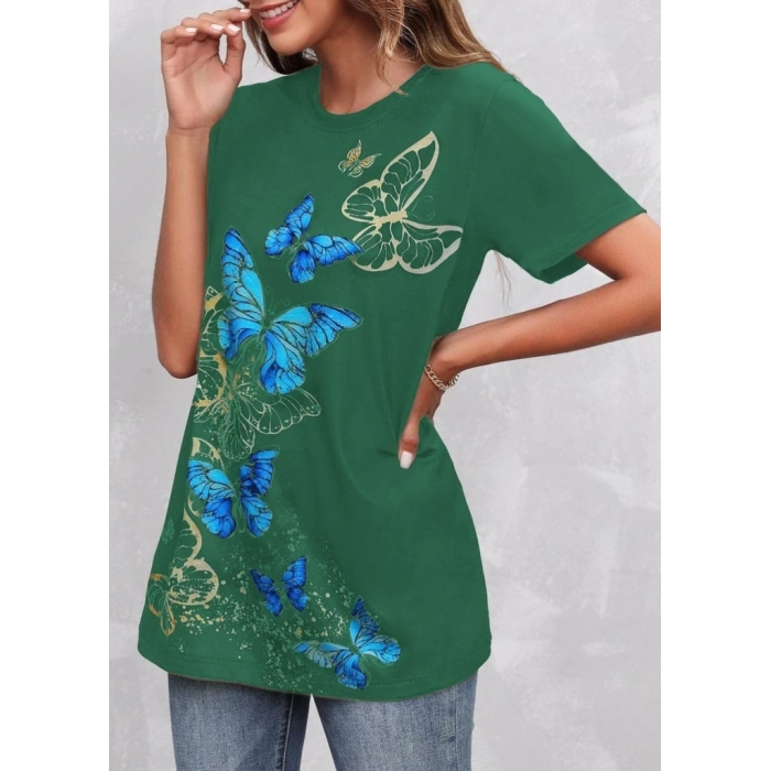 Kadın Kısa Kollu Mavi Sarı Kelebek Baskı Süprem Bluz