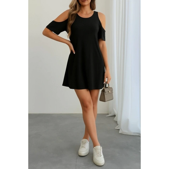 Kadın Kısa Kollu Omuz Pencere Detay Kiloş Viskon Elbise