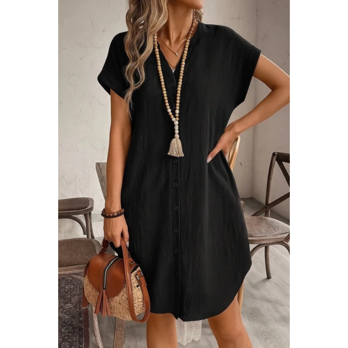 Kadın Kısa Kollu önden Düğmeli Ithal Keten Elbise