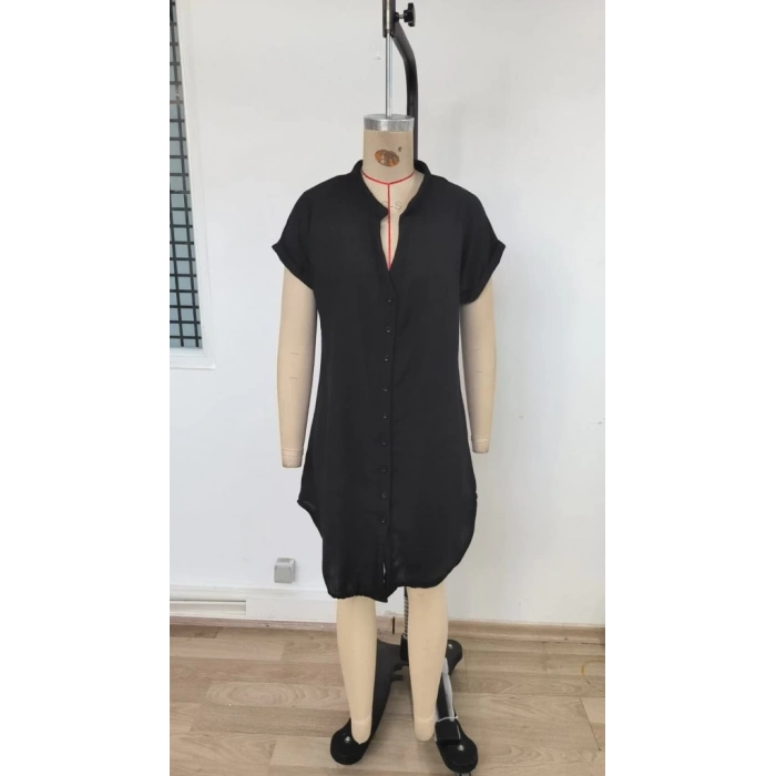 Kadın Kısa Kollu önden Düğmeli Ithal Keten Elbise