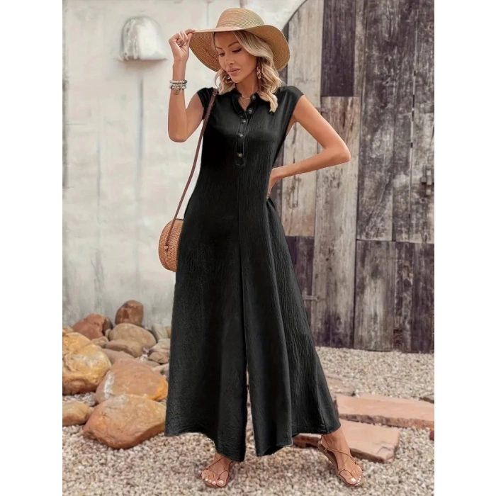 Kadın Kısa Kollu önden Düğmeli Paçaya Doğru Geniş Cepli Uzun Bürümcük Tulum